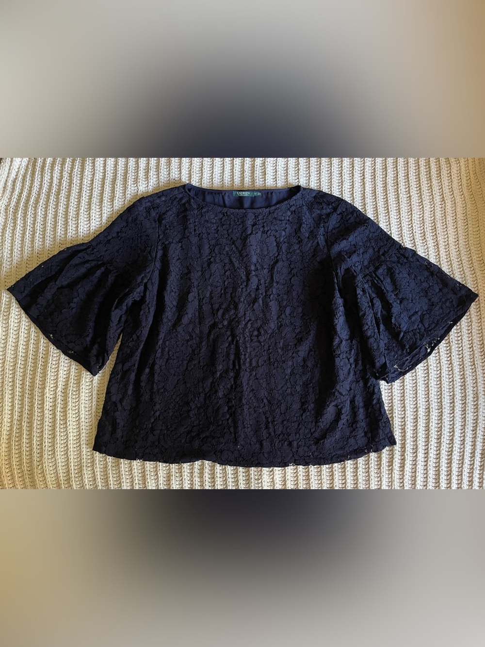 Lauren Ralph Lauren Lace Top Women’s 3X Navy Floral 3/4 Bell Sleeve Blouse